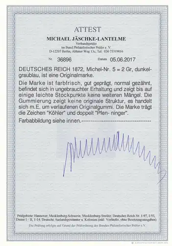 Reich allemand: MiNr. 5, inutilisé, Signature Pfenninger/Köhler, BPP Attest