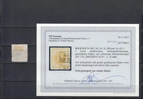 Bremen: MiNr. 5c, gestempelt, BPP Befund