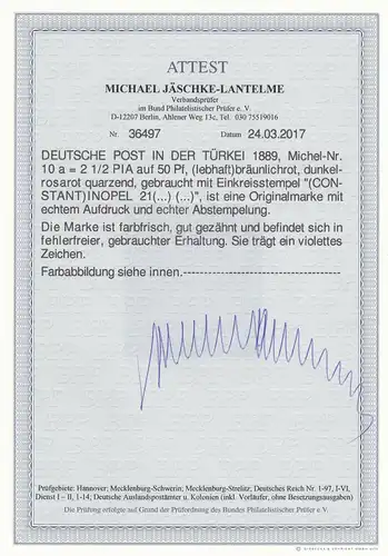 Türkei: MiNr. 10a , gestempelt, BPP Attest
