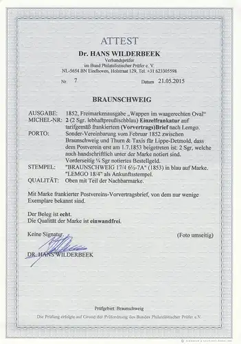 Braunschweig: MiNr. 2 auf Brief nach Lemgo, BPP Attest