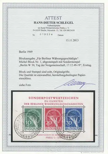 Berlin: Block 1, Sonderstempel, Ersttag, BPP Attest