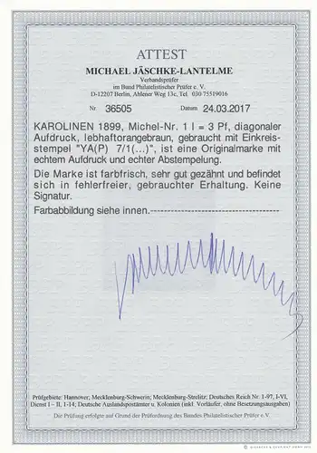 Carolines: Min. 1 I, , cacheté, BPP Attest