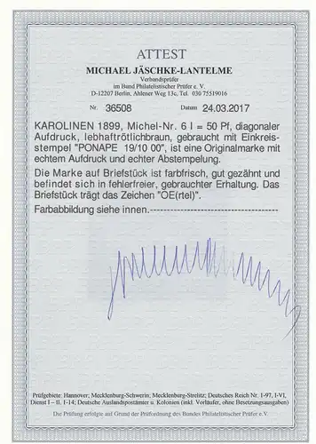 Carolines: Min. 6 I, , cacheté, BPP Attest