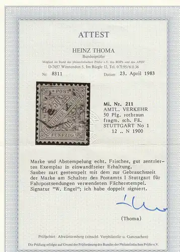 Württemberg: MiNr. 211, gestempelt, BPP Attest