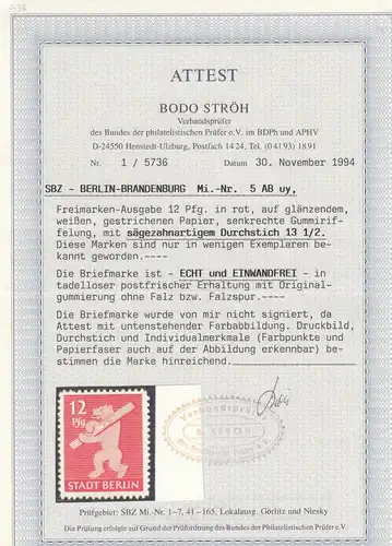 SBZ: Minr. 5 AB uy, postfrisch, BPP Attest