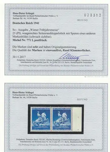 DR: MiNr. 771 I, postfrisch, waagrechtes Paar, BPP Befund