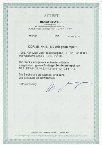 DDR: MiNr. Block 8A, 9A, 8B YI, 9B YII, Ersttagsstempel Berlin