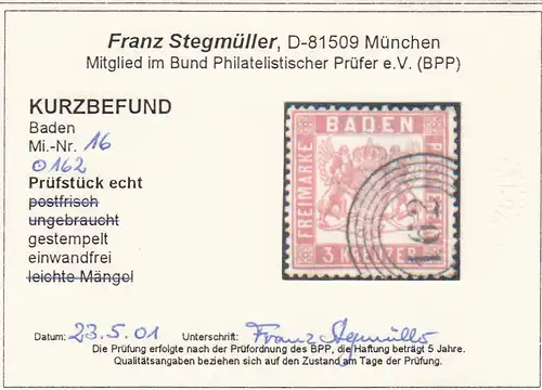 Baignade: numéro 16, cachet no 162, résultat BPP