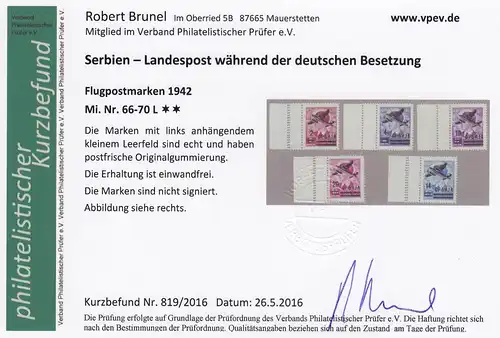 Serbien: MiNr. 66-70 L, postfrisch mit anhängendem Leerfeld