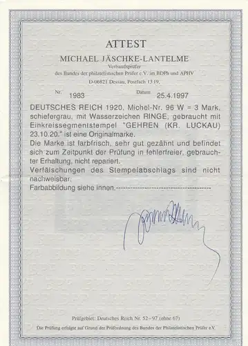 Reich allemand: MiNr: 96 W, Stamp Gehren, BPP Attest