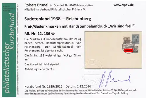 Sudetenland: MiNr. 12 und 136 auf Umschlag, Stempel Reichenberg