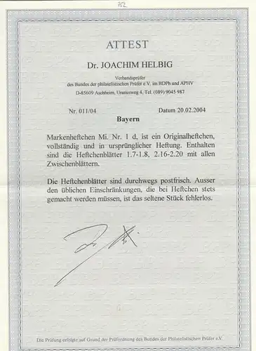 Bayern: MiNr. MH 1 d, postfrisch, BPP Attest