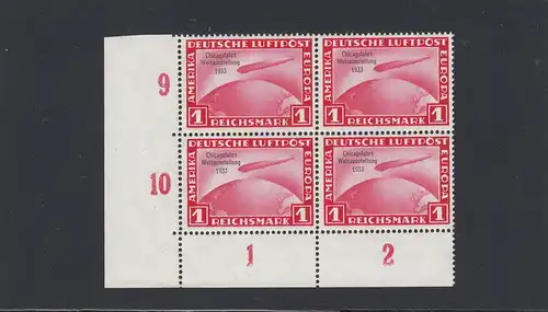 Deutsches Reich, MiNr. 496, Chicago, postfrisch, Eckrand Viererblock, BPP Attest