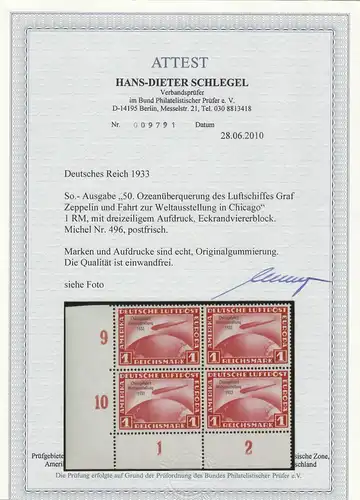 Deutsches Reich, MiNr. 496, Chicago, postfrisch, Eckrand Viererblock, BPP Attest