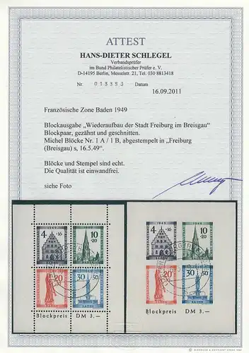 Zone française Baden: blocs 1A et 1B, tamponné, BPP Attest