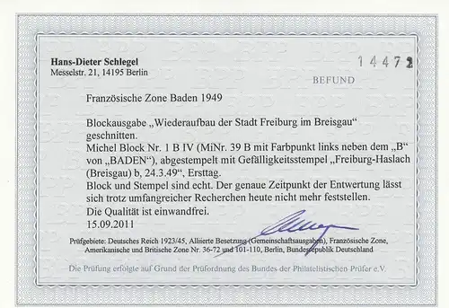 Französische Zone Baden: Block 1B IV, gestempelt, BPP Befund, Ersttag