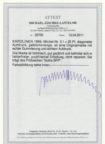 Carolines: Mi Nr. 5 I, post-fraîchissement, BPP Attest