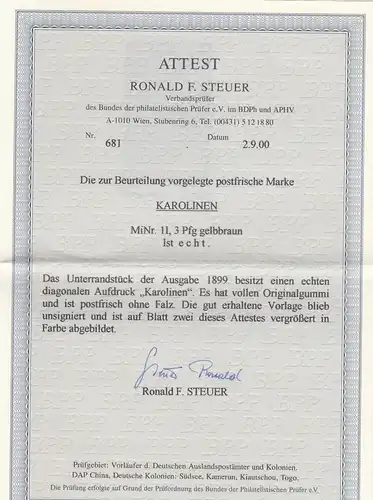 Karolinen: MiNr. 1 I, postfrisch, BPP Attest