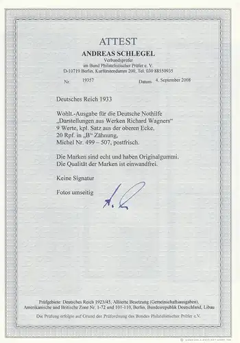 Deutsches Reich: MiNr. 499-507, B-Zähnung, postfrisch, BPP Attest