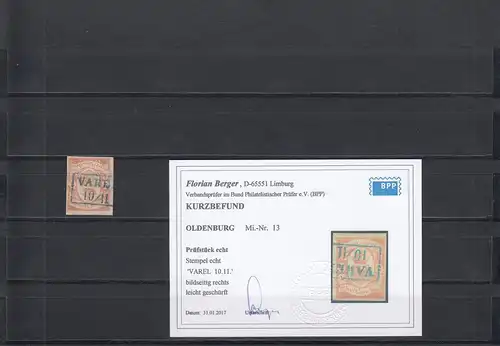 Oldenburg: MiNr. 13, gestempelt Varel, BPP Befund