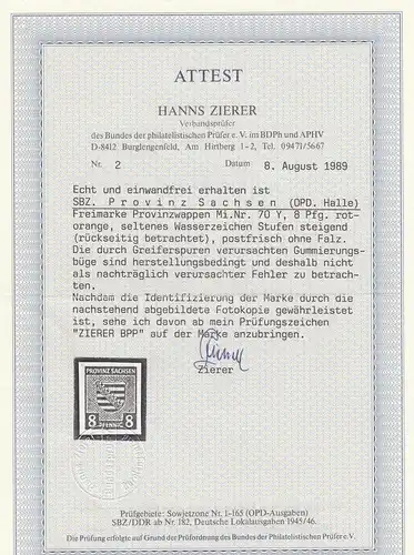 SBZ: Provinz Sachsen, MiNr. 70Y, postfrisch, BPP Attest