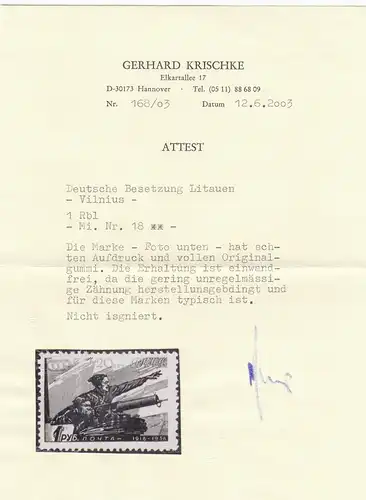Litauen: Vilnius: MiNr. 18, postfrisch, Krischke Attest