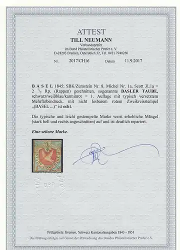 Bâle: MiNr. 1a, cacheté, BPP Battest - rare