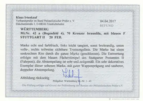 Wurtemberg: Min° 42 a, Arcefeld 4, cacheté, BPP résultats, défauts