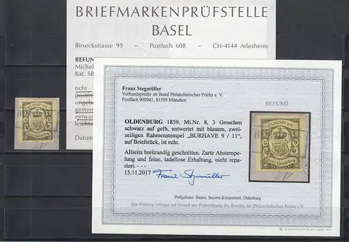 Oldenburg: MiNr. 8 gestempelt Burhave, auf Briefstück, BPP Befund