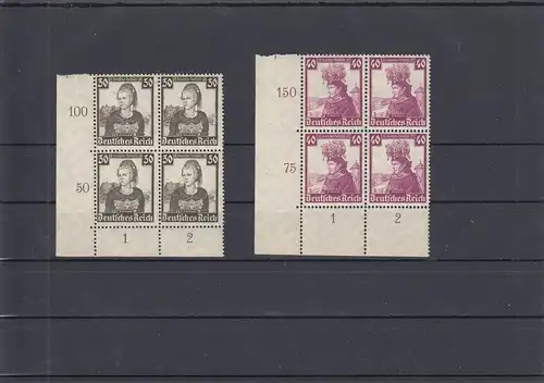 Deutsches Reich: MiNr. 588-597, Eckrand Viererblock, Plattennummer, postfrisch