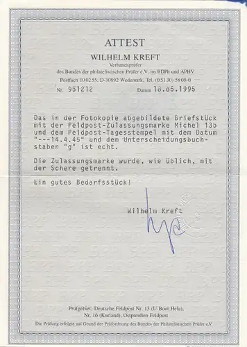 Feldpost: MiNr. 13b auf Briefstück, Datum 14.4.1945, BPP Attest
