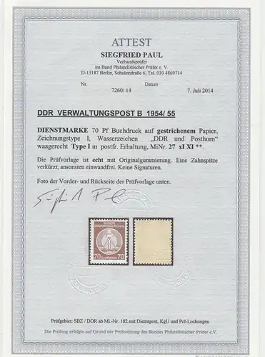 DDR Administrative Post B 1954/55: Min. 27 x I XI, post-fraîchissement Type II, BPP Attest