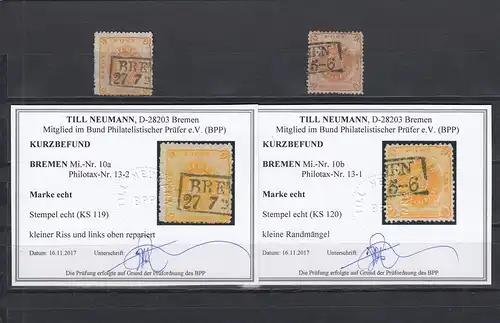Brême: MiNr. 10a - 10b, cacheté, résultat BPP