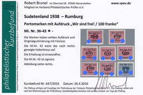 Sudetenland: Rumburg MiNr. 36-43, Falz