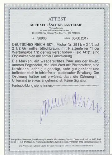 Reich allemand: Min. 29 I b + 29 en couple, Eckrand, Postfreich, BPP Attest