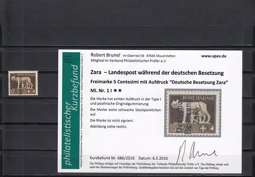 Zara: MiNr. 1I, postfrisch der Type I