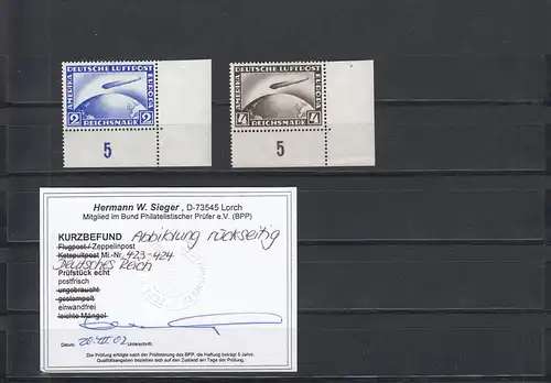 Deutsches Reich: MiNr. 423 - 424, Eckrand, postfrisch, BPP Befund
