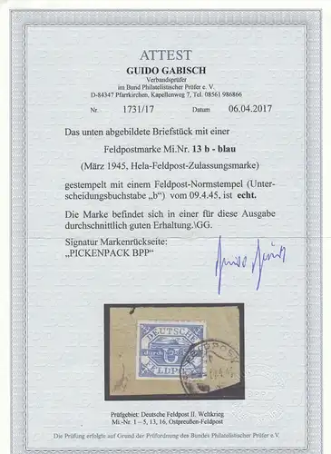 Feldpost: MiNr. 13b auf Briefstück, Datum 9.4.1945, BPP Attest