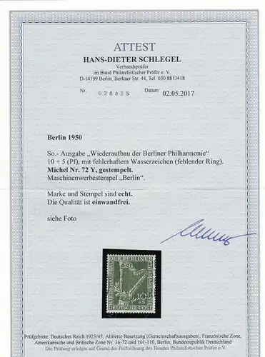 Berlin: MiNr. 72 Y, cacheté, BPP Attest