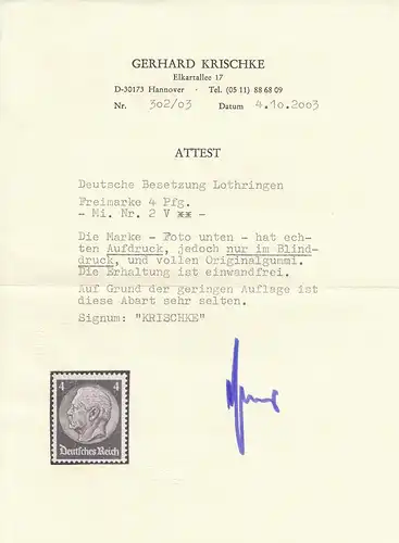Lorraine: Min. 2V, pression à blanc, post-frais, Attest Krichke