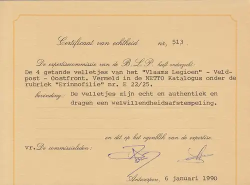 Belgique: Légion flamande: Petit arc, I-IV, cacheté, Certificaat