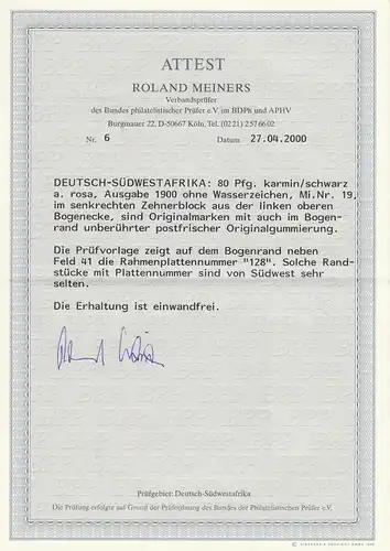 DSWA: MiNr. 19, Eckrand 10er Block mit Plattennummer 128, postfrisch, BPP Attest