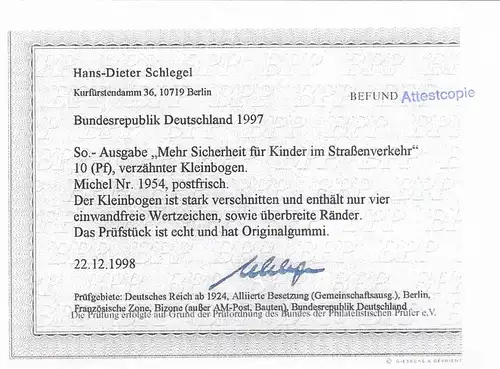 Bund: Kleinbogen 1997 mit starker Verzähnung, postfrisch