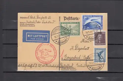 Reich allemand: Carte postale Zeppelin Amérique du Sud 1930 Gengenbach - Lakehurst
