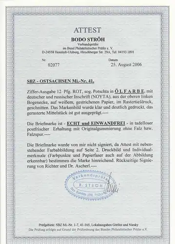 SBZ: Saxe oriental: MiNr. 41, frais post-classique, BPP Attest, Eckrand