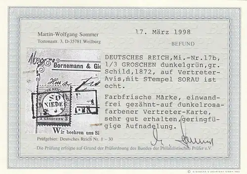 Deutsches Reich: MiNr. 17b, Stempel Sorau, auf Vertreter Karte, BPP Befund