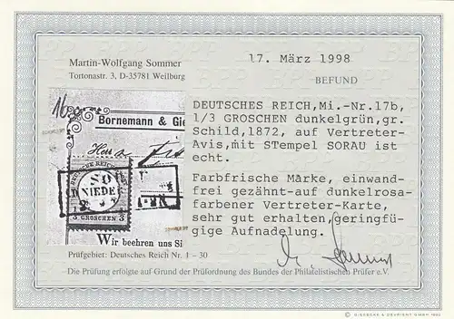 Reich allemand: MiNr. 17b, Stamp Sorau, sur carte représentante, BPP résultat
