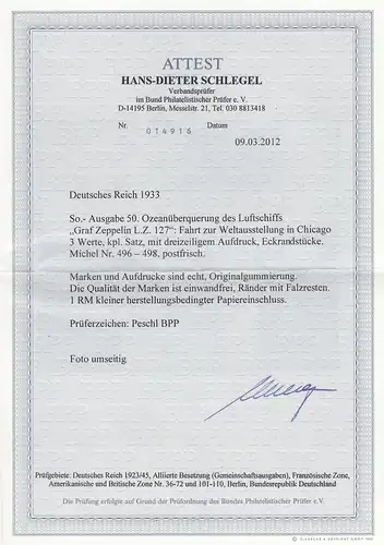 Deutsches Reich: MiNr. 496-498, postfrisch Eckrand mit BPP Attest
