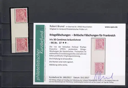 Frankreich- Britische Propagandafälschung MiNr. 37, postfrisch, Randstück, ZW
