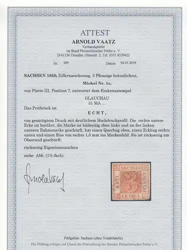 Saxe: Min. 1c, Platte III, position 7, cacheté Glauchau, BPP Attest